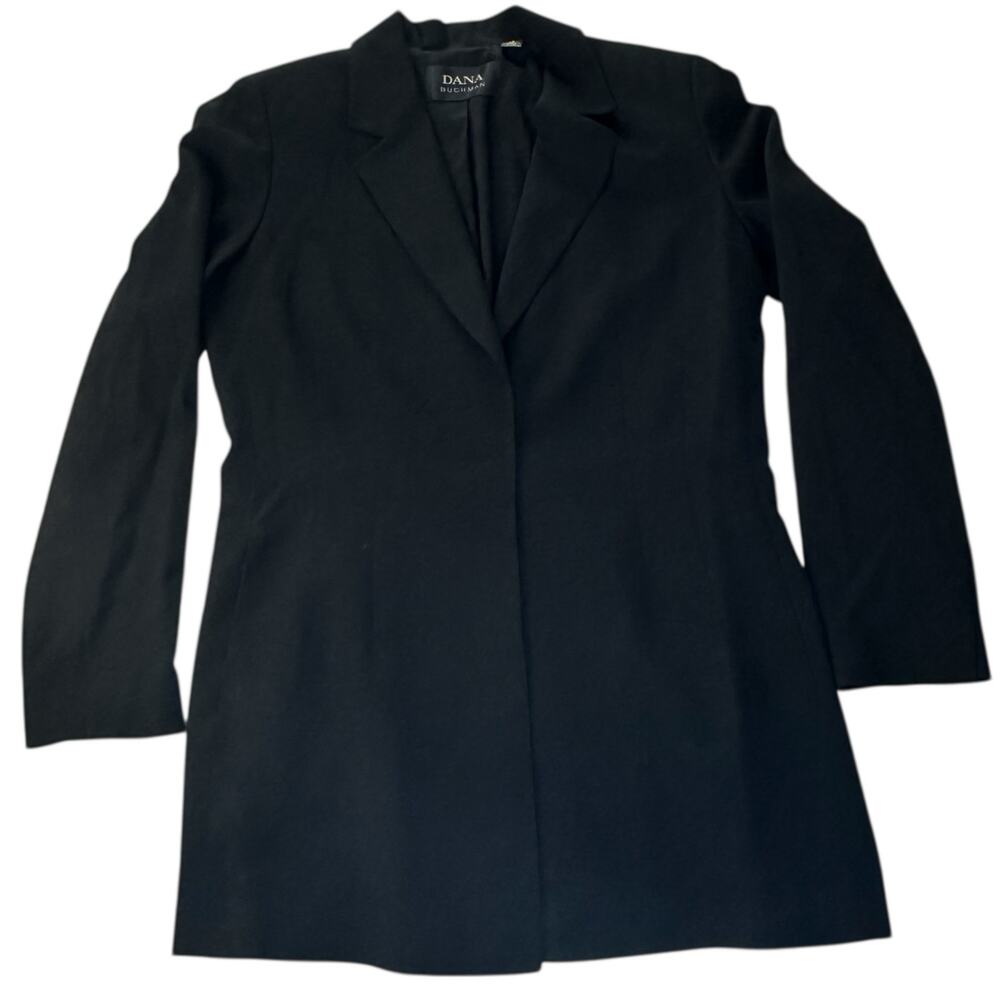 Vintage Womens Blazer Size 10 Long Black Wool Hidden Button Office Professional - Picture 2 of 10